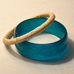 Bundle of Two Bangle Fashion Bracelets; Teal translucent/ cream colored wound